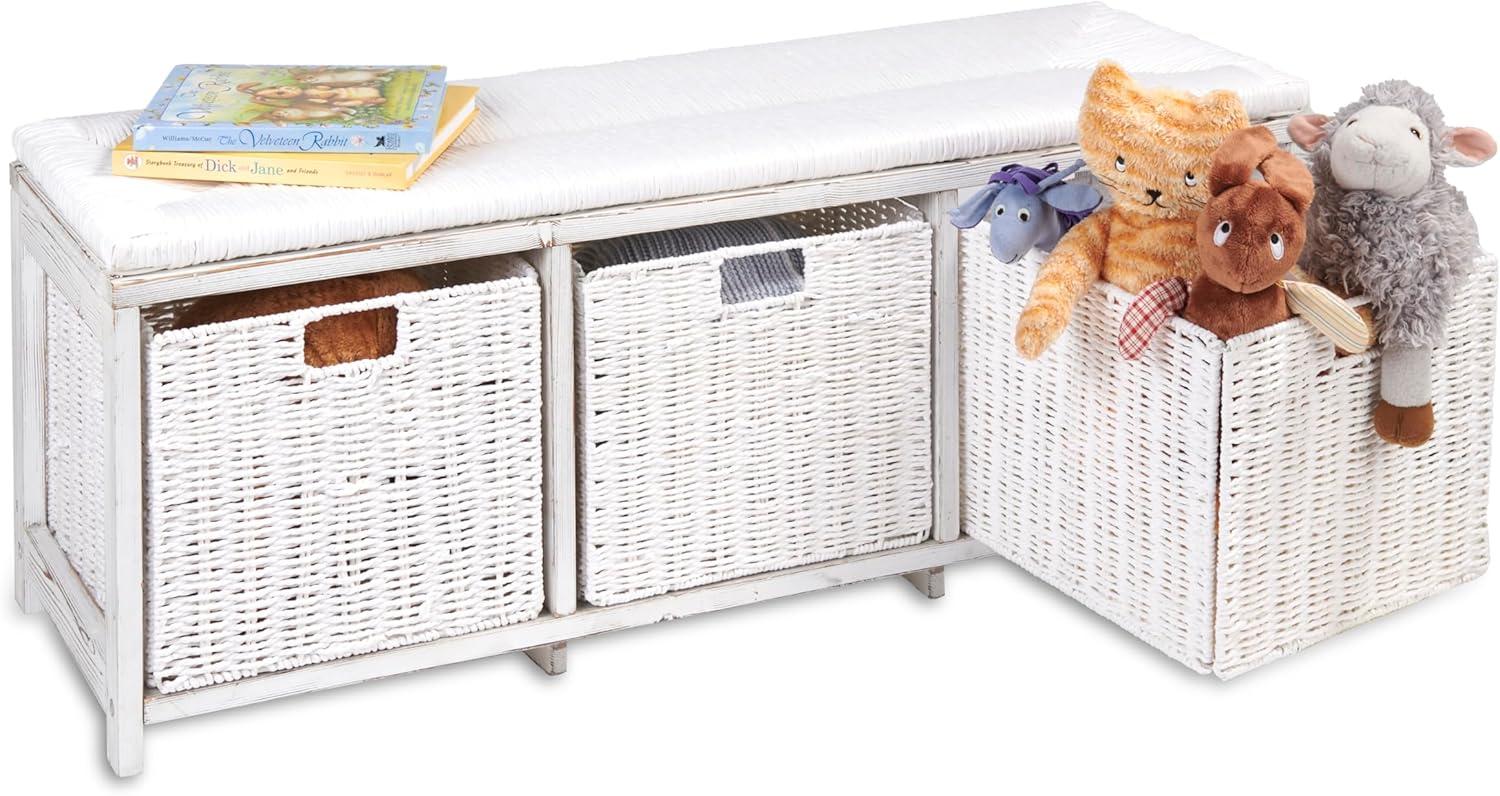 Kid''s Storage Bench With Woven Top And Baskets