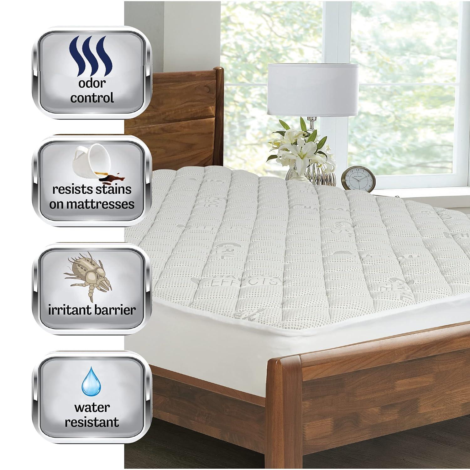 Water-Resistant Charcoal Effects Odor Control and Cooling Fitted Mattress Pad, Twin, White