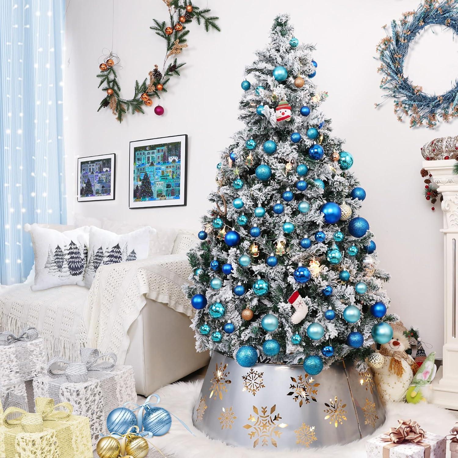 Metal Christmas Tree Collar, 3D Hollow Snowflake Pattern Christmas Tree Skirt with Star-Shaped LED String Lights, 29 Inch Diameter Decorative Xmas Tree Ring Stand Base Cover, Silver