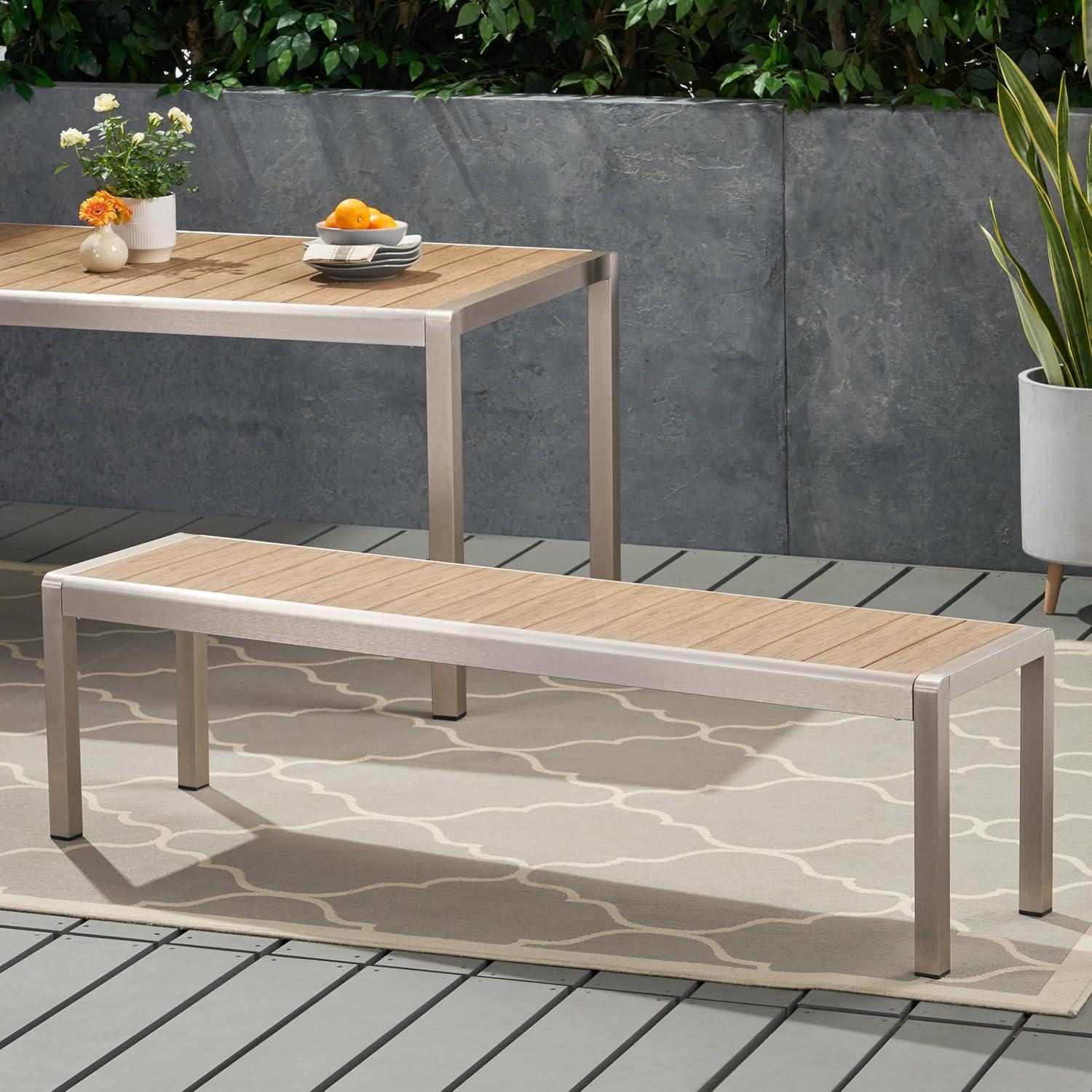 Modern Natural and Silver Aluminum Outdoor Dining Bench