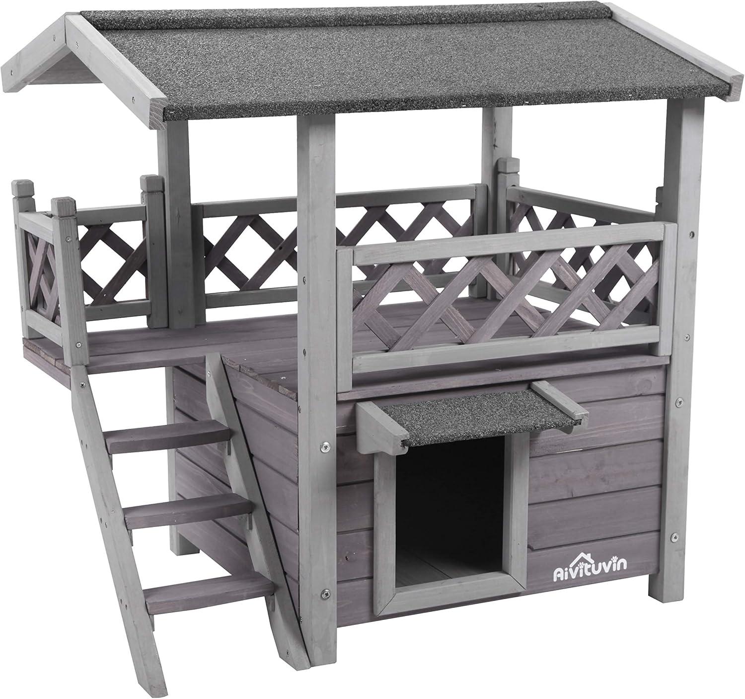 Gray Fir Wood Outdoor Cat House with Stairs and Balcony