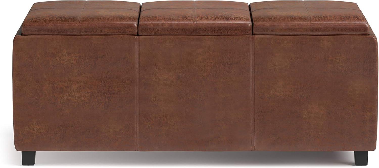 Simpli Home Avalon Storage Ottoman In Distressed Saddle Brown Vegan Faux Leather