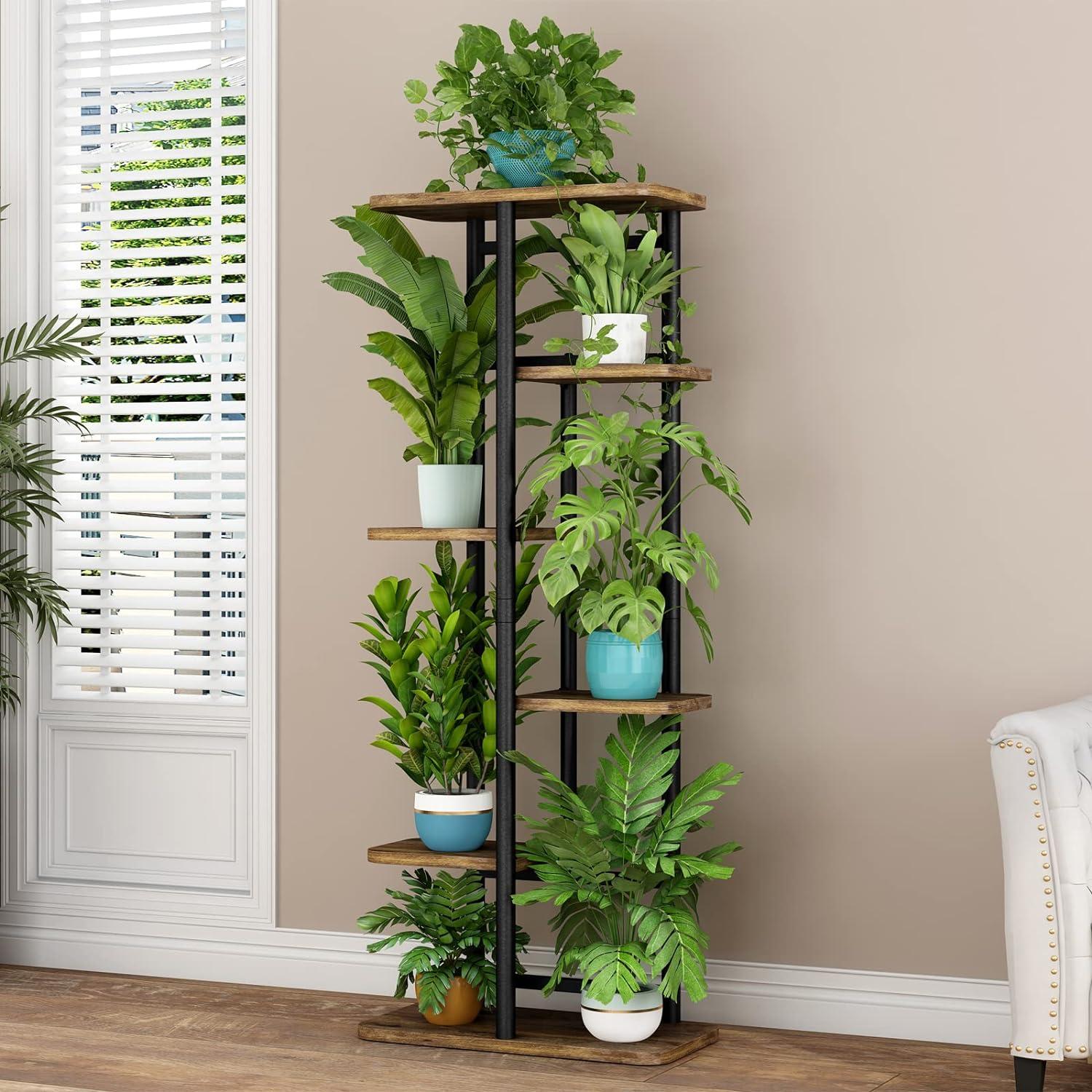 Black and Brown 6-Tier Iron and MDF Plant Stand