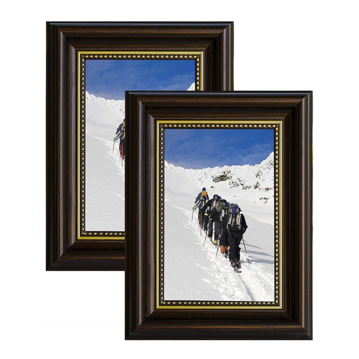 4x6 Picture frames set of 2, Photo frames 4x6 with Real Glass, Tabletop Display & Wall Mount, Brown with Gold Bead
