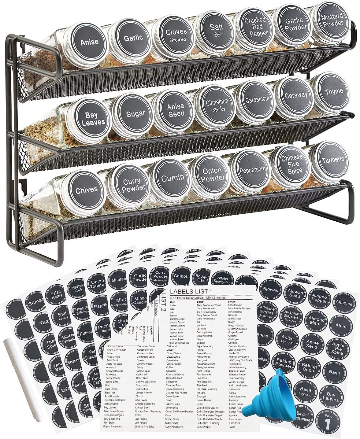 Spice Rack Organizer with 21 Spice Jars, Spice Labels, Chalk Marker and Funnel Set for Cabinet, Countertop, Pantry, Cupboard or Door & Wall Mount - 21 Jars, 13.4" W × 9" H, Black