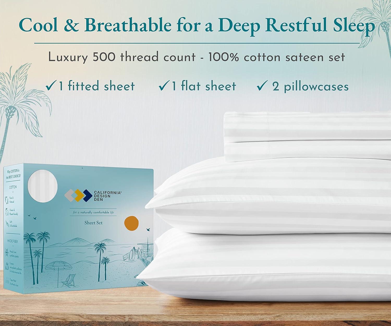 Luxury 500 Thread Count Bed Sheets Set - 100% Cotton Sateen Sheets Set, Soft, Cool & Breathable, Deep Pocket by California Design Den