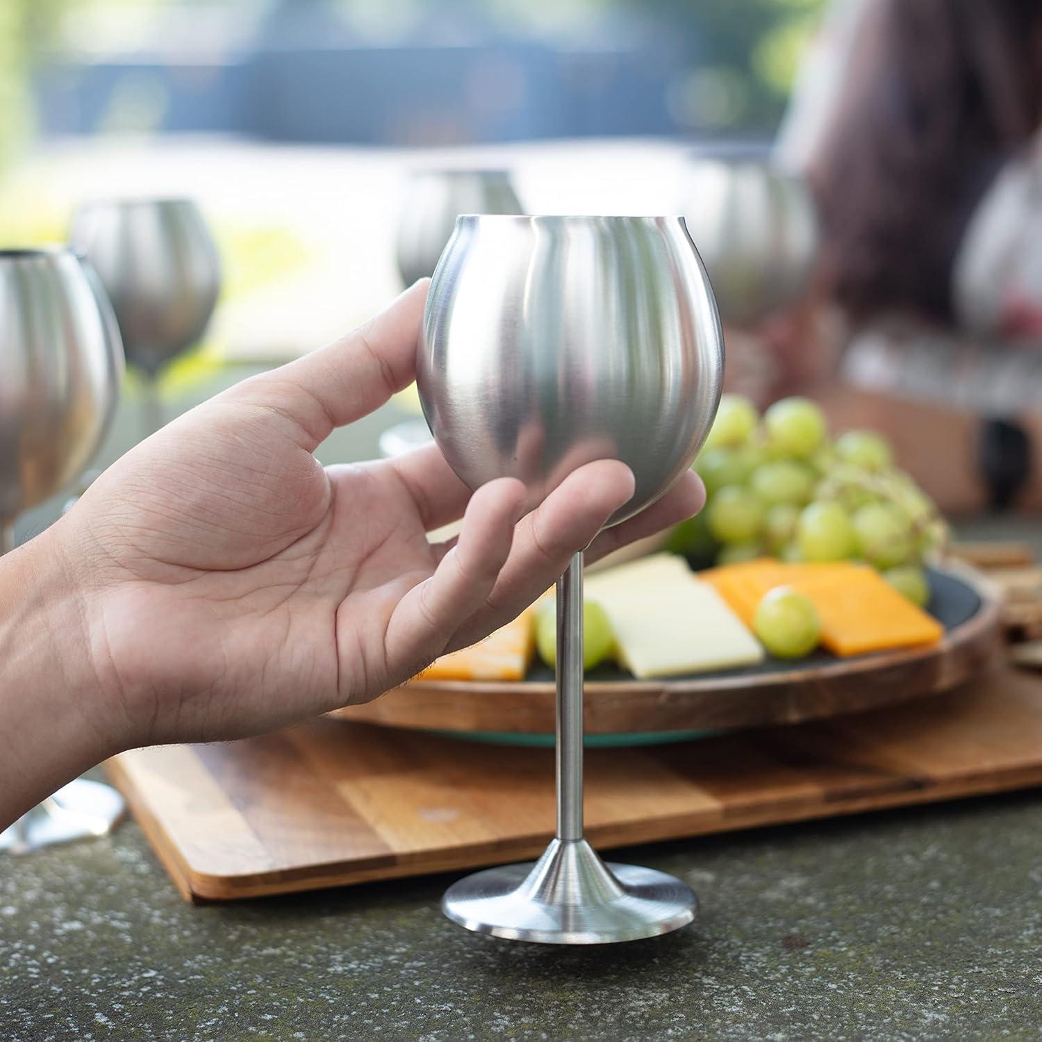 D'Eco Unbreakable 12 Oz Stainless Steel Wine Glasses (8 Pack) Large Stemmed Matte Silver Wine Goblets - Reusable Drinkware - Great Mother's Day Gift