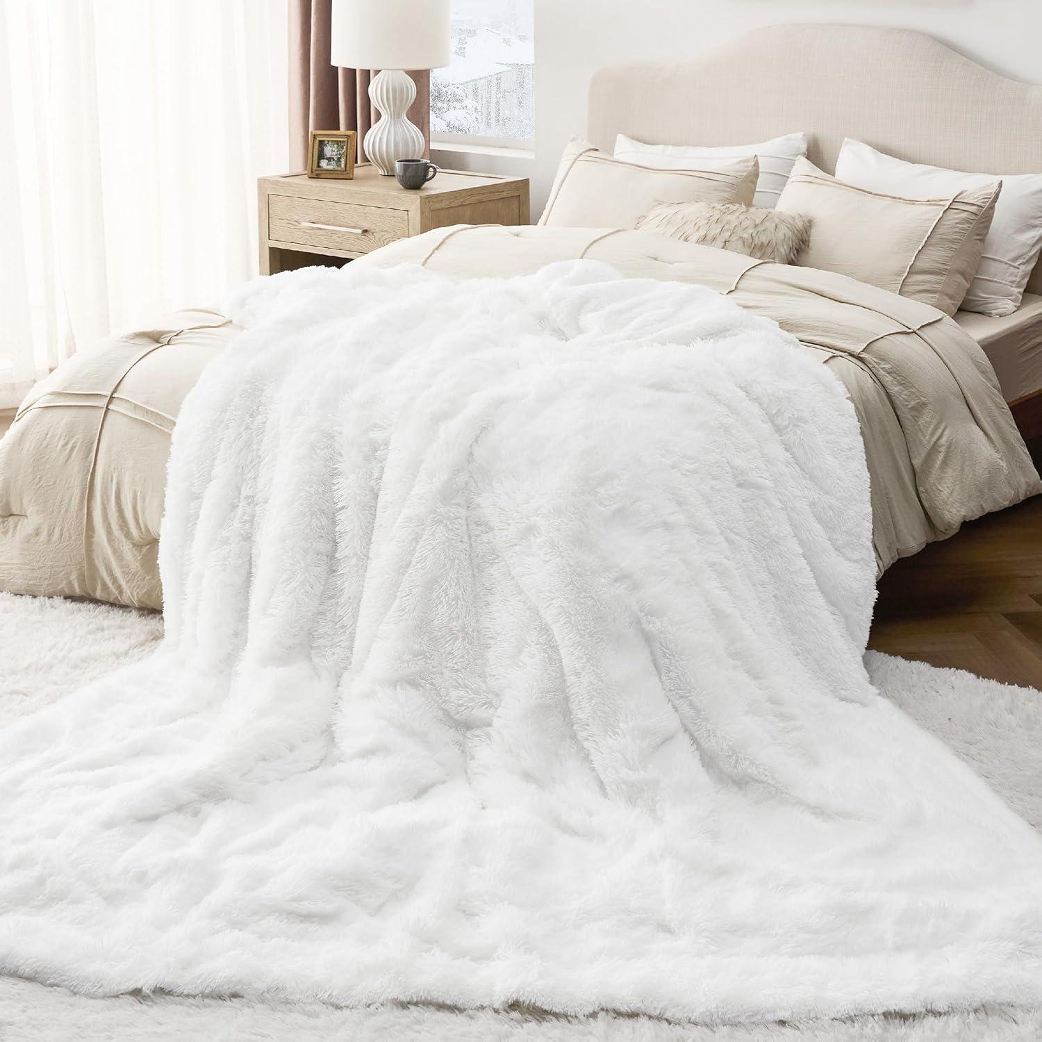 White King Size Reversible Sherpa Fleece Faux Fur Blanket