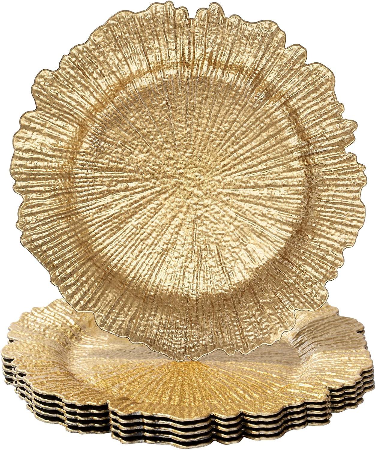 Gold Charger Plates Set - 13” Vintage Plastic Dinnerware Set - Reusable Elegant Serving Plates for Parties, Weddings and Events 6 Pack