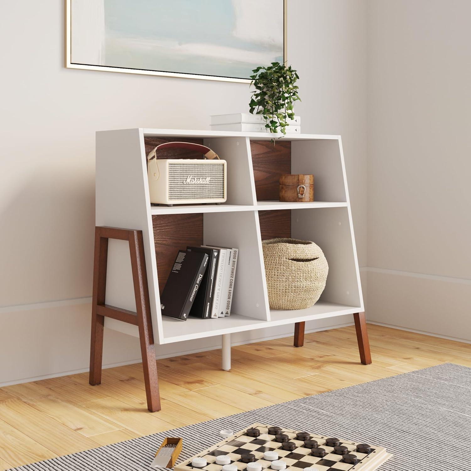 Telos Matte Walnut Kids' Storage Unit White - Nathan James: 4-Shelf Decorative Bookshelf & Cubby Storage, MDF Frame