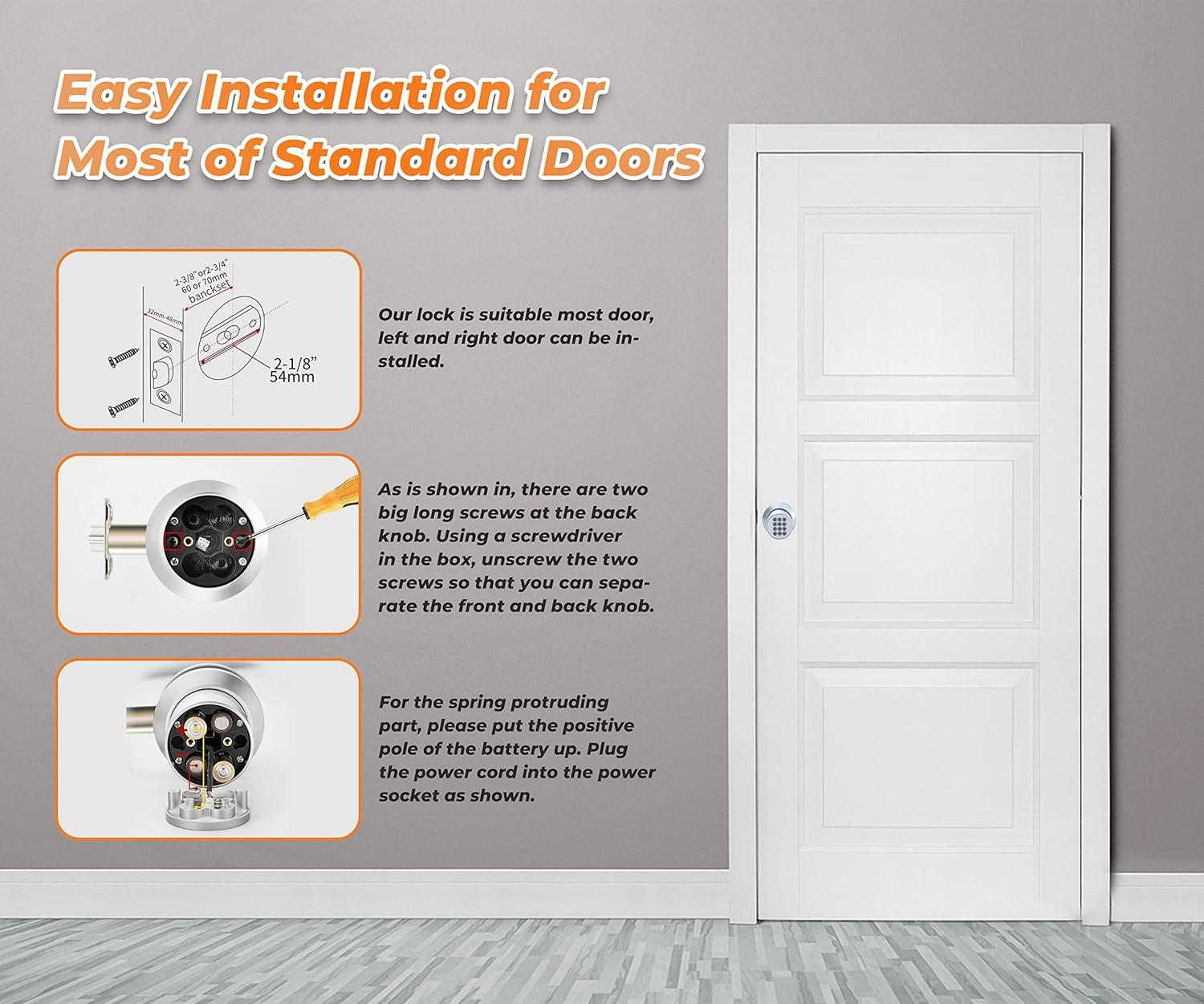 Electronic Keypad Door Knob, Smart Keyless Entry Door Knobs, Code, Anti-Slip Handle, 2.5s Auto Lock, Waterproof Door Lock, Easy to Install for Home, Office, Apartments and Garage