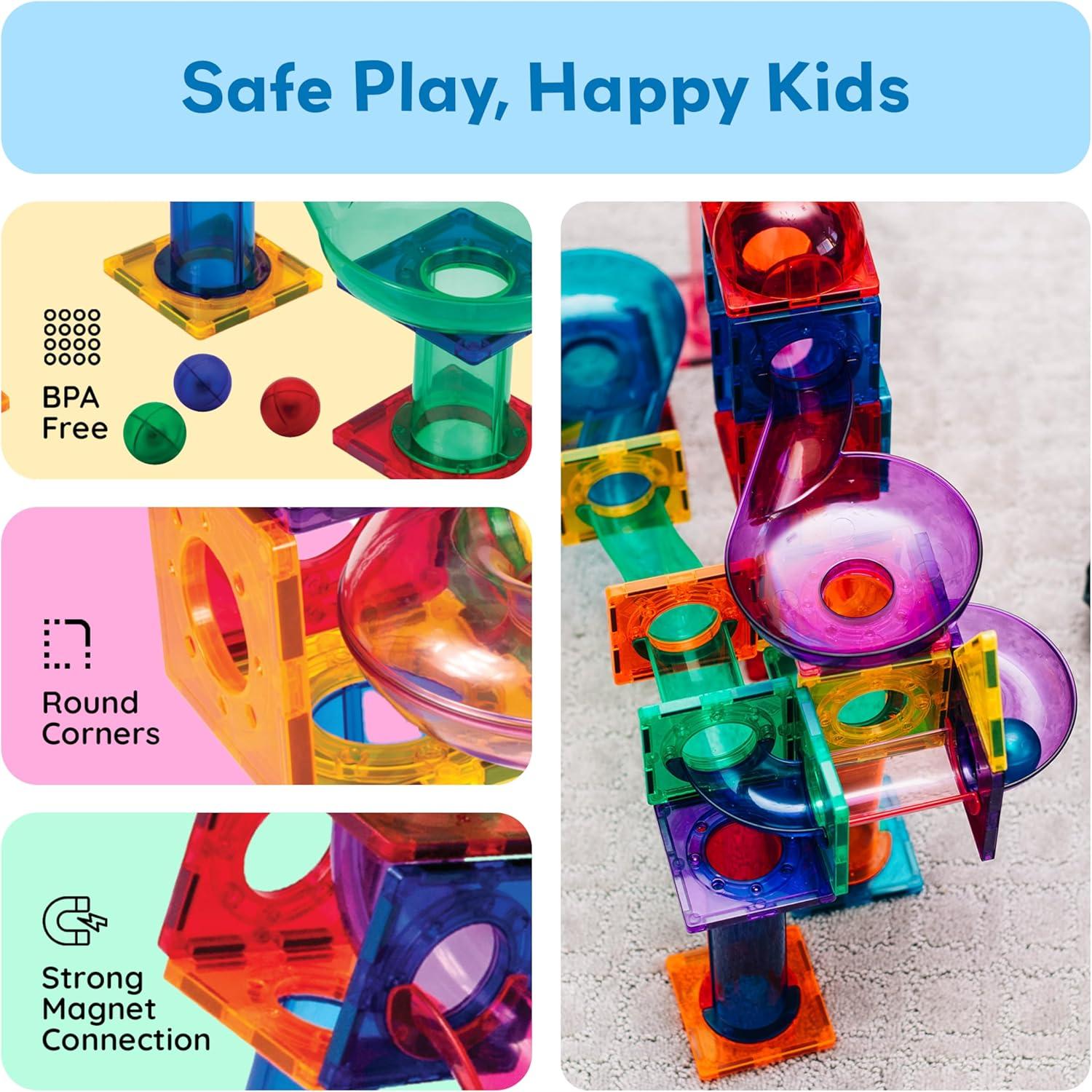 PICASSO-TILES Marble Run Magnetic Tiles for Kids, 100PCS, Construction Magnet Tiles Race Track Building Blocks STEM Toy