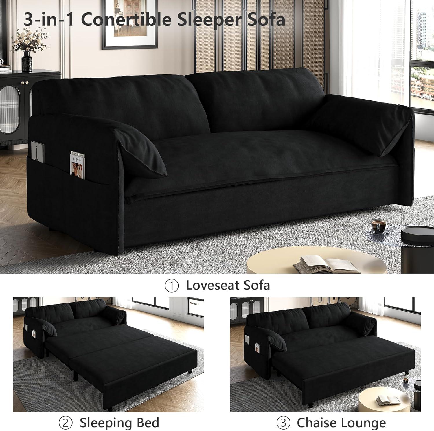 Tabaray 63.8" Futon Sofa Bed Queen Size, Pull Out Bed, 3-in-1 Convertible Sleeper Sofa with Side Pocket, Modern Plush Velvet Futon Couch for Living Room, Small Space, Apartment, Bedroom, Black