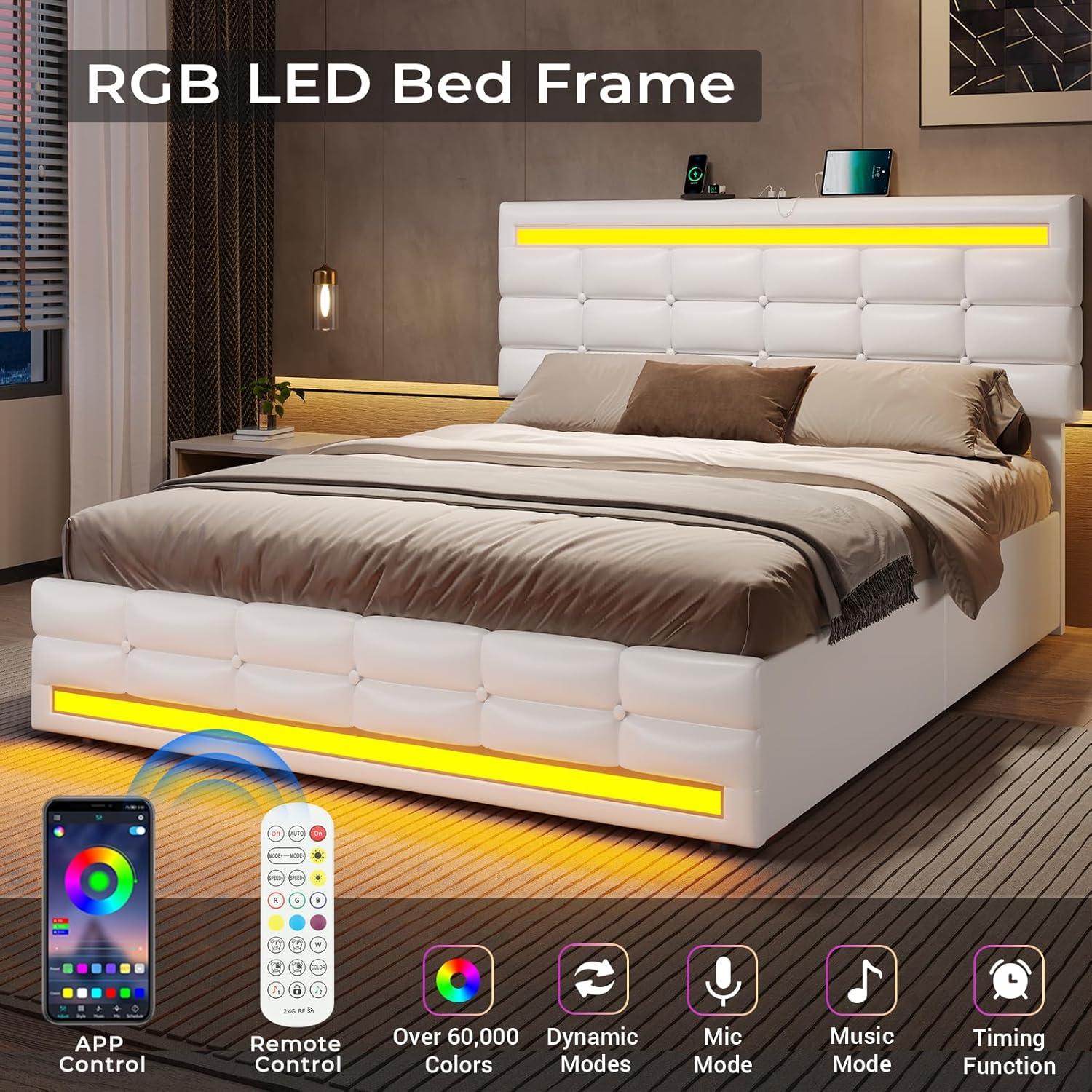 Afuhokles Queen Bed Frame with LED Lights Leather Platform Bed with Storage Drawers and Charging Station, White