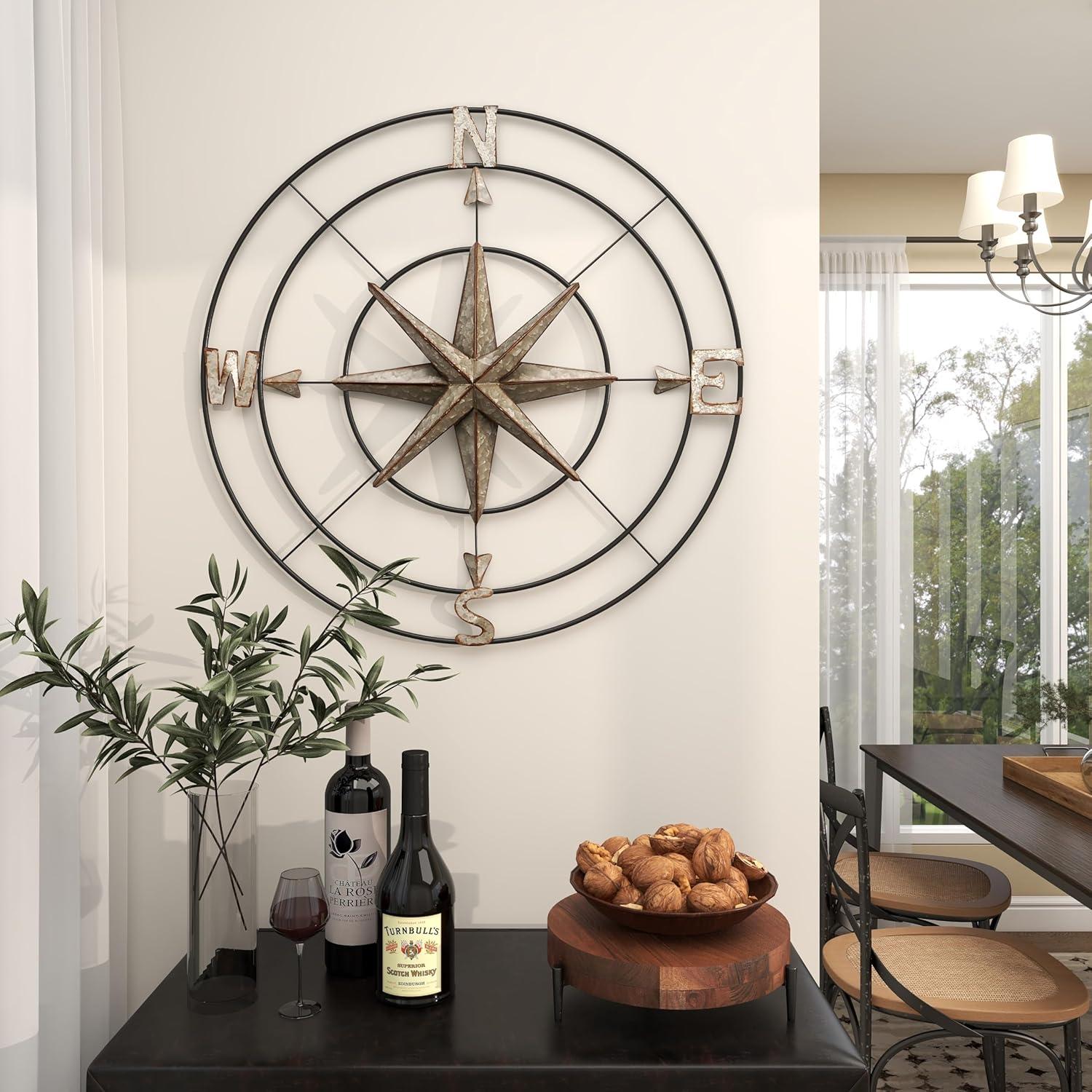 DecMode Farmhouse Metal Compass Shaped with 3D 8 Point Star Wall Décor, 32"D with Metallic Silver Galvanized Finish