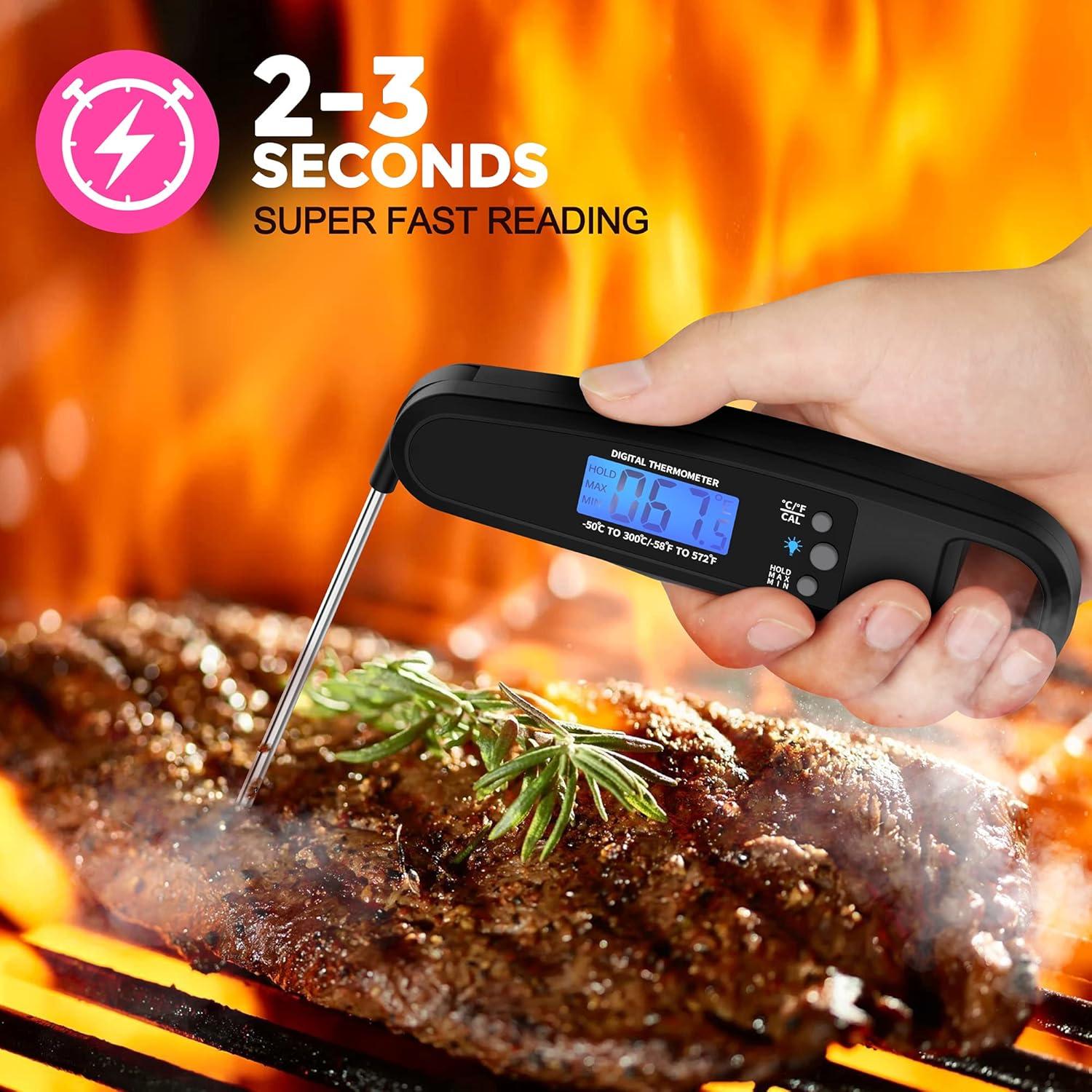 Powlaken Instant Read Meat Thermometer for Kitchen Cooking, Ultra Fast Precise Waterproof Digital Food Thermometer with Backlight, Magnet and Foldable Probe for Deep Fry, Outdoor BBQ, Grill (Black)