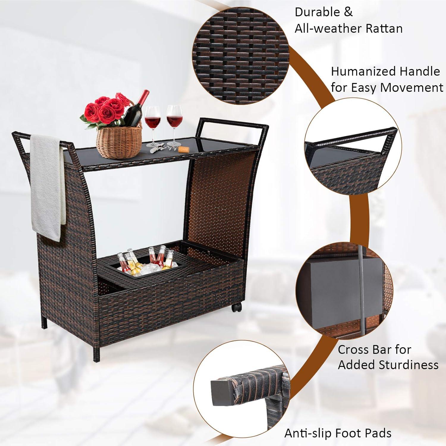 RELAX4LIFE Outdoor Wicker Bar Cart with Removable Ice bucket, Patio Serving Counter Table with Glass Top & Wheels, Storage Compartments Rattan Rolling Trolley for Pool, Backyard,Porch Wine Cart, Brown