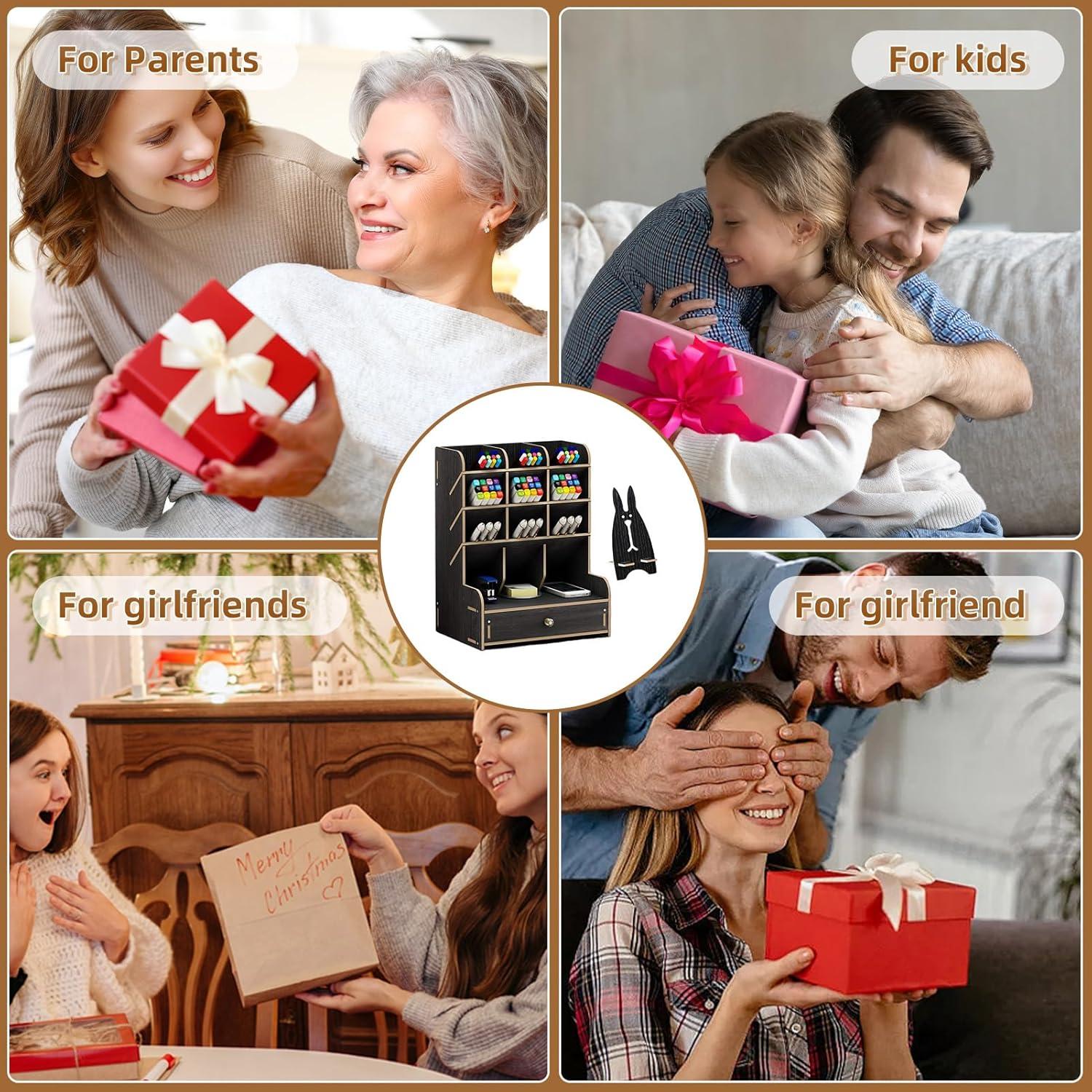 Marbrasse Wooden Desk Organizer, Multi-Functional DIY Pen Holder Box, Desktop Stationary, Home Office Supply Storage Rack with Drawer (B11-Black)