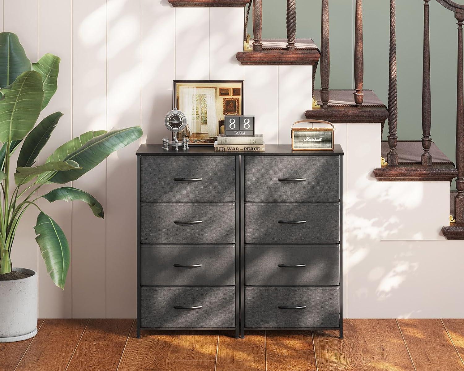 Dresser for Bedroom with 4 Storage Drawers, Small Dresser Chest of Drawers Fabric Dresser with Sturdy Steel Frame, Dresser for Closet with Wood Top, Dark Grey