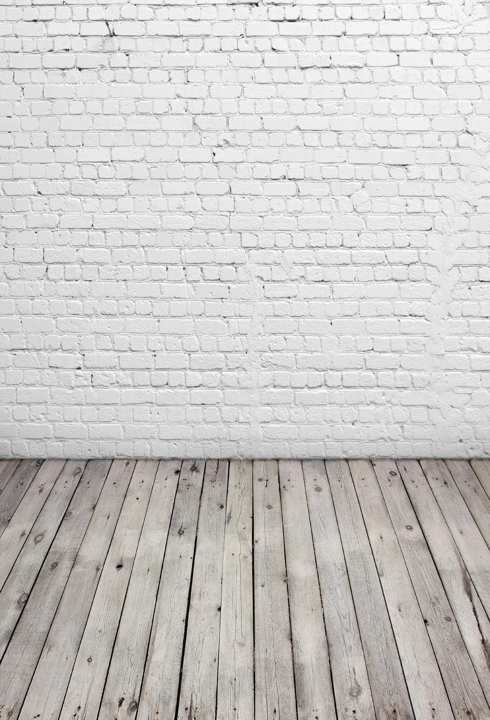 White Brick Wall with Gray Wooden Floor Vinyl Photography Backdrop 5x7ft