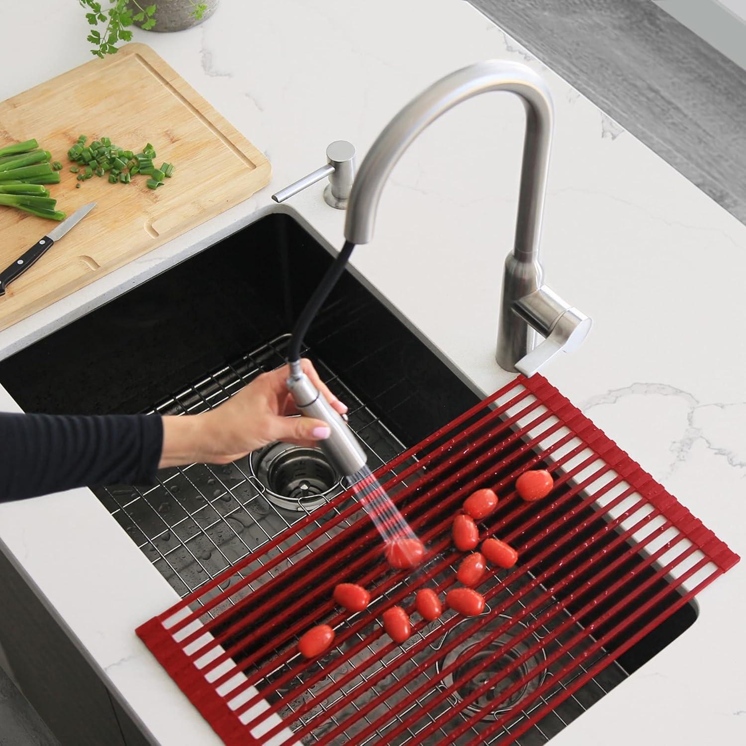 STYLISH Over The Sink Roll Up Dish Drying Rack Heat Resistant Trivet for Drying Dishes and Rinsing Vegetables Dark Grey A-900DG