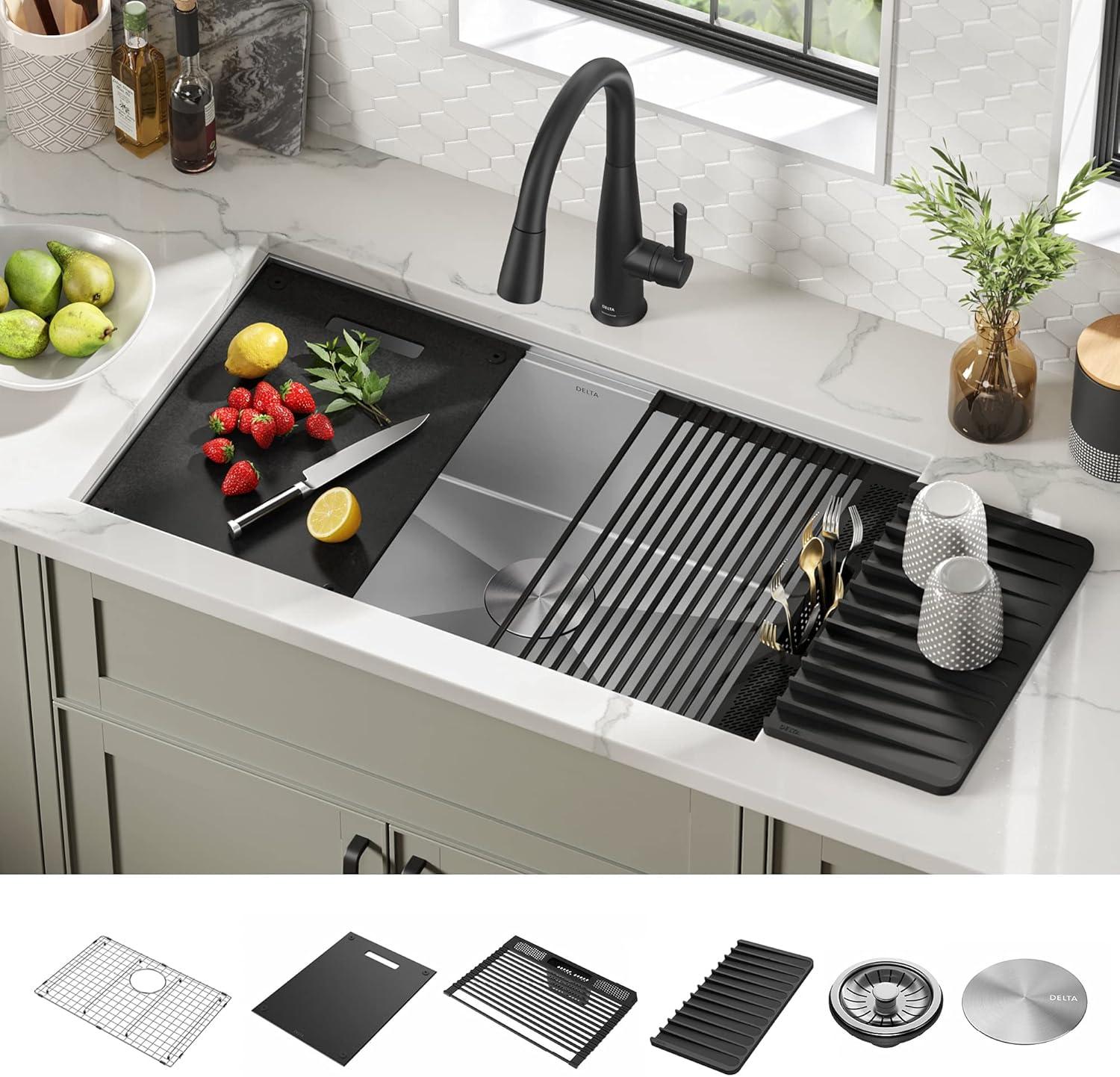 Delta Rivet™ 32" L Workstation Kitchen Sink Undermount 16 Gauge Stainless Steel Single Bowl with WorkFlow™ Ledge