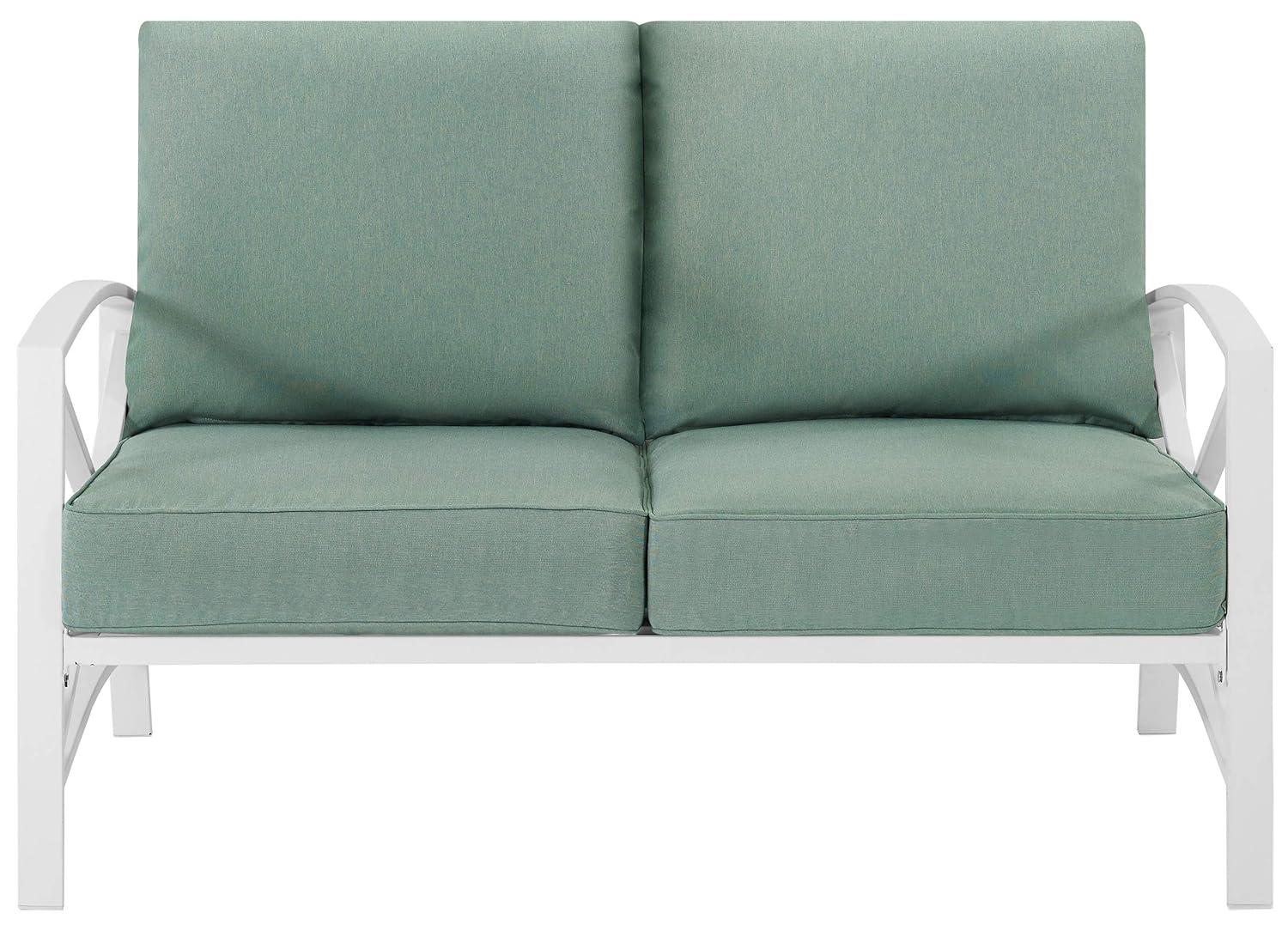 Kaplan Loveseat White/Teal - Crosley: UV-Resistant, Padded Outdoor Sofa with Steel Frame, Seats 2