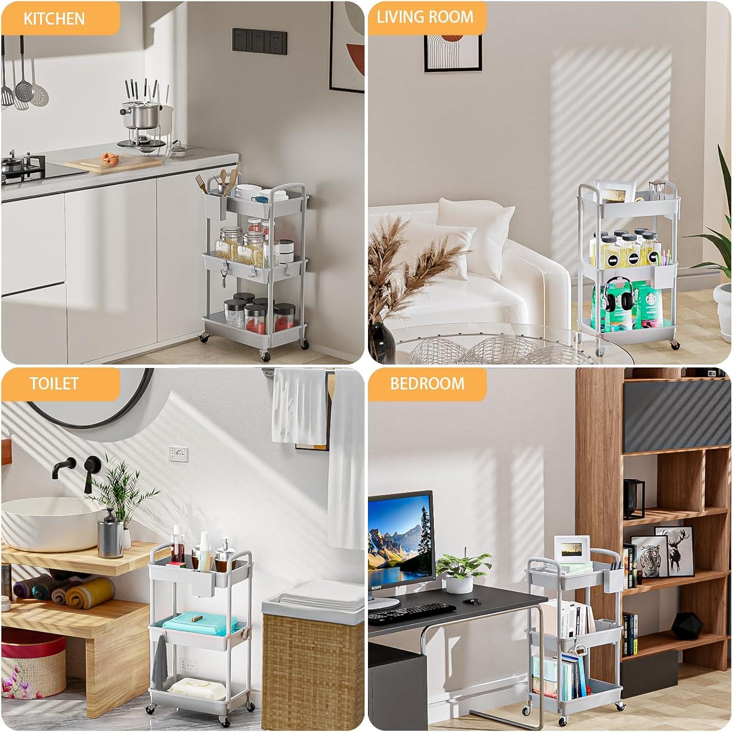 3 Tier Rolling Utility Cart with Handle,REBECAT Utility Cart Made of Multifunctional Storage Organizer Tool for Kitchen,Bathroom,Living Room,Office(Gray)