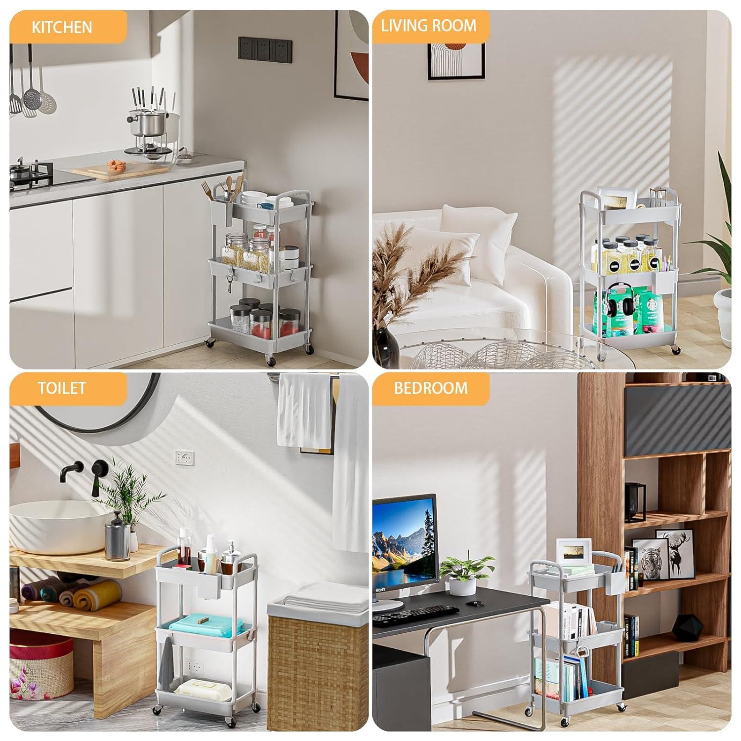 3 Tier Rolling Utility Cart with Handle,REBECAT Utility Cart Made of Multifunctional Storage Organizer Tool for Kitchen,Bathroom,Living Room,Office(Gray)