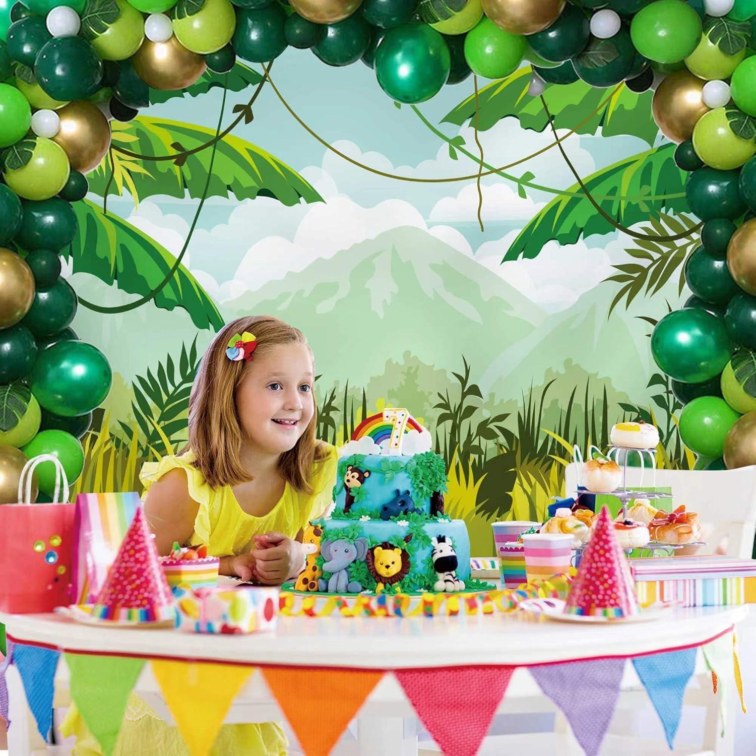 Safari Birthday Decorations 7x5ft Ployester Fabric Photography Backdrop Green Spring Forest Jungle Party Background Banner Supplies Baby Shower Decorations