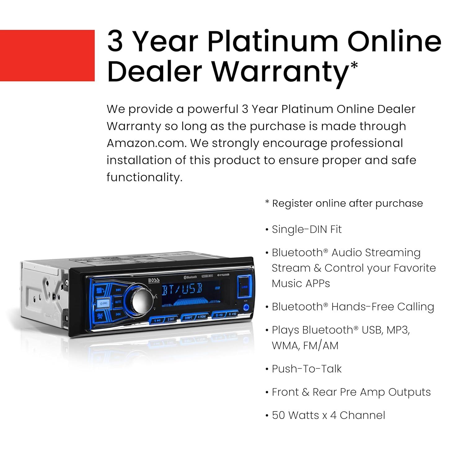 BOSS Audio Systems 611UAB Car Stereo - Single Din, Bluetooth, No CD DVD Player, AM/FM Radio Receiver, Aux Input, USB