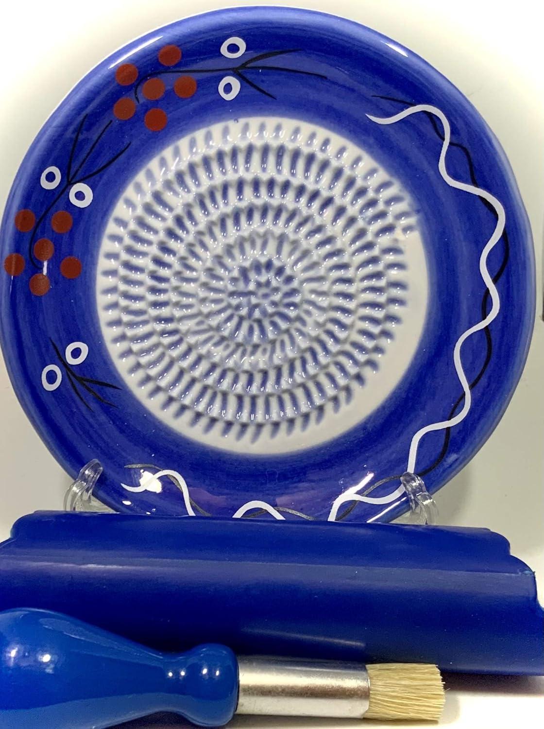All-in-one 4pcs Premium Ceramic Garlic Grater Set - HandMade, Blue Stoneware Design Grater Plate_Garlic Peeler, Gathering Brush, Display Stand, It's also grating Turmeric, Ginger, and more,.