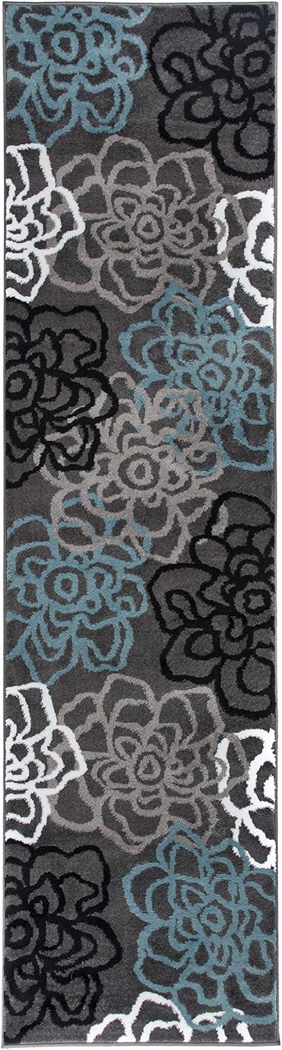 Contemporary Modern Floral Flowers Easy-Care Runner Rug 2' x 7' Gray