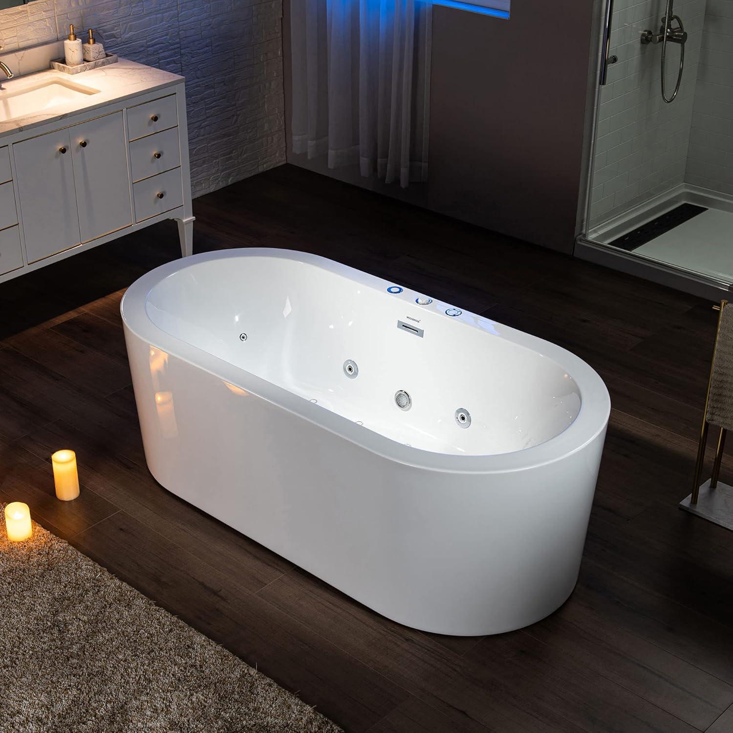 59" x 30" Freestanding Air Soaking Acrylic Bathtub with 208 Jets, 7 Colors LED Lights, Chromatherapy