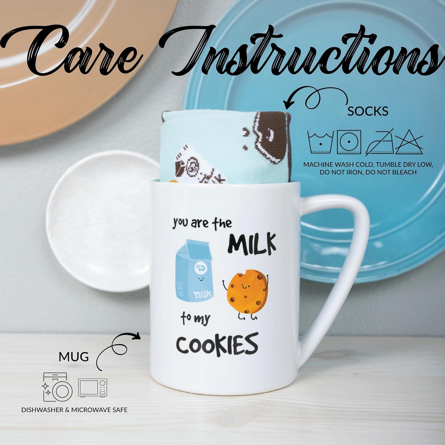 Pavilion - You Are The Milk To My Cookies - Blue & Brown Novelty Crew Socks & 18 oz Mug Long Distance Relationship Gift Girlfriend Wife Present