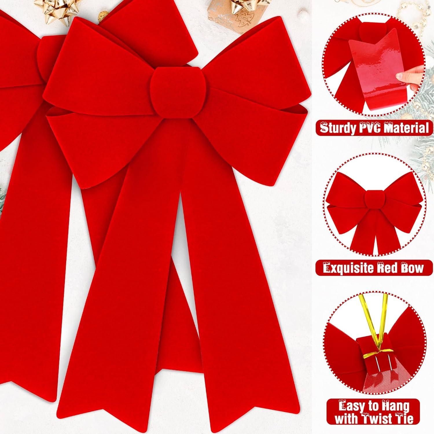 2 PCS Christmas Decorations, 12 x 18 Inches Large Christmas Bows, Red Velvet PVC Indoor Outdoor Christmas Tree Bows Wreath Bow Party Supplies Xmas Ornaments for Door Fireplace Stairs Railing Porch