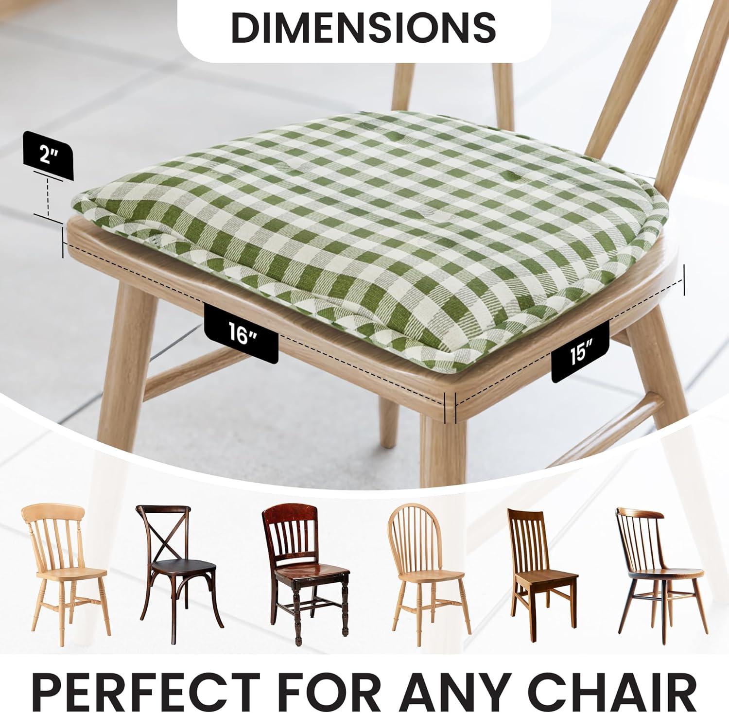Non-Slip Tufted Chair Cushions for Dining Room, Kitchen and Office Use, U-Shaped Skid-Proof Seat Pad, 15x16 Inches, 4 Pack, Gingham Pine