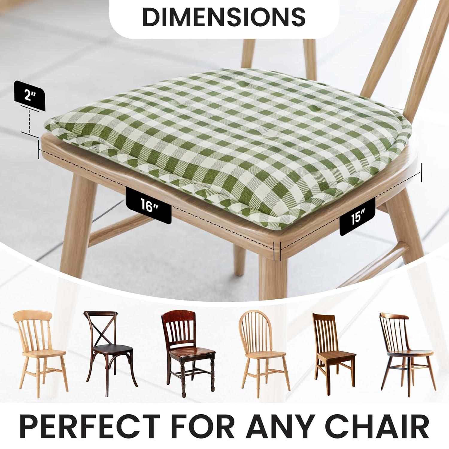 Non-Slip Tufted Chair Cushions for Dining Room, Kitchen and Office Use, U-Shaped Skid-Proof Seat Pad, 15x16 Inches, 4 Pack, Gingham Pine