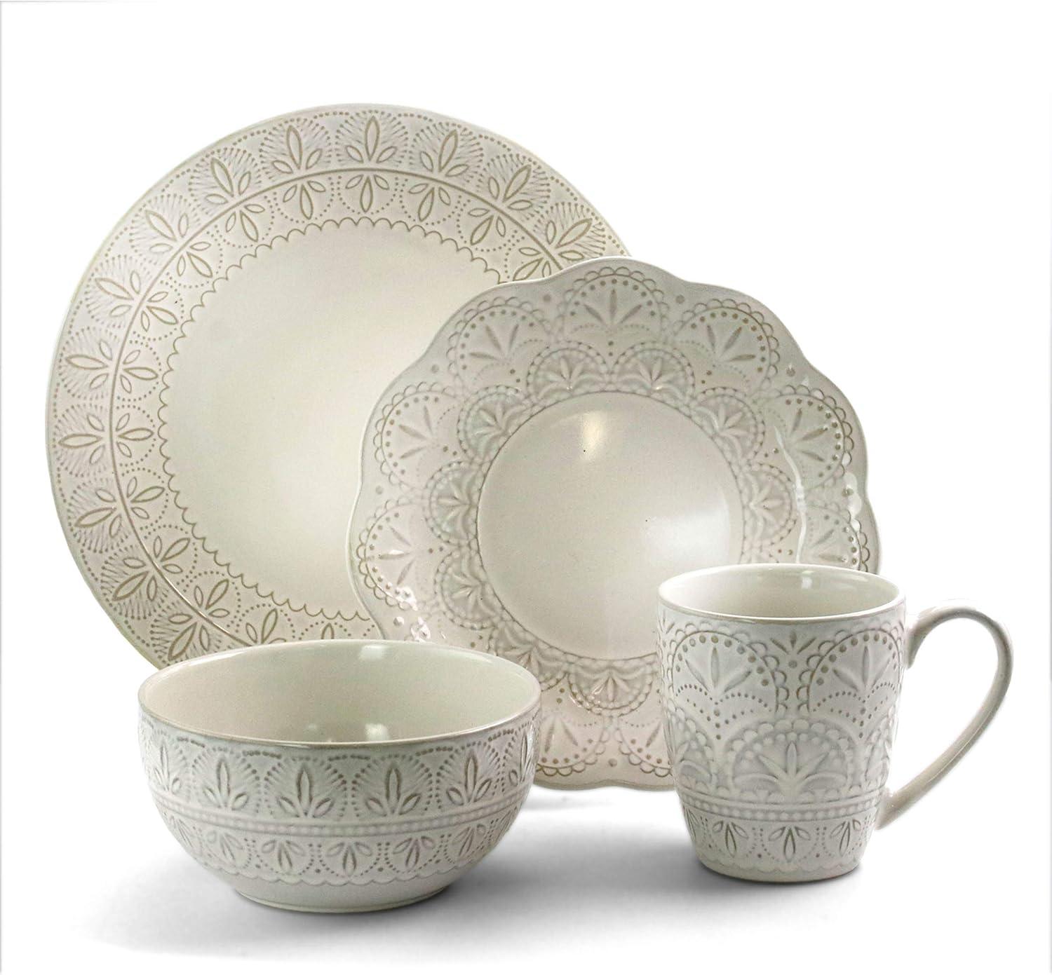 White Embossed Lace 16-Piece Ceramic Dinnerware Set