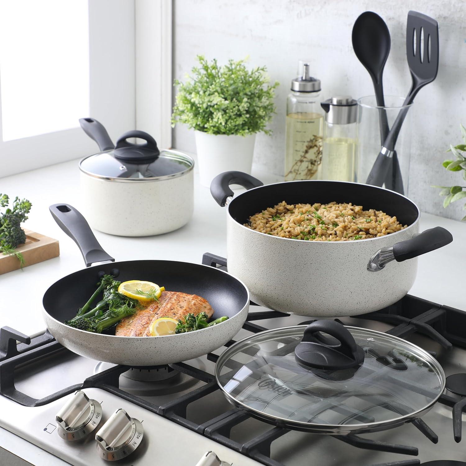 Oster Clairborne 7 Piece Nonstick Aluminum Cookware and Kitchen Tool Set in Linen