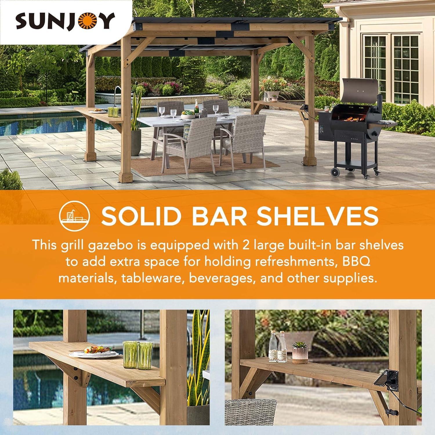 Sunjoy 10’ x 12’ Gazebo Outdoor/Patio with Wooden Frame, Steel Roof, Power Port and Bar Shelves