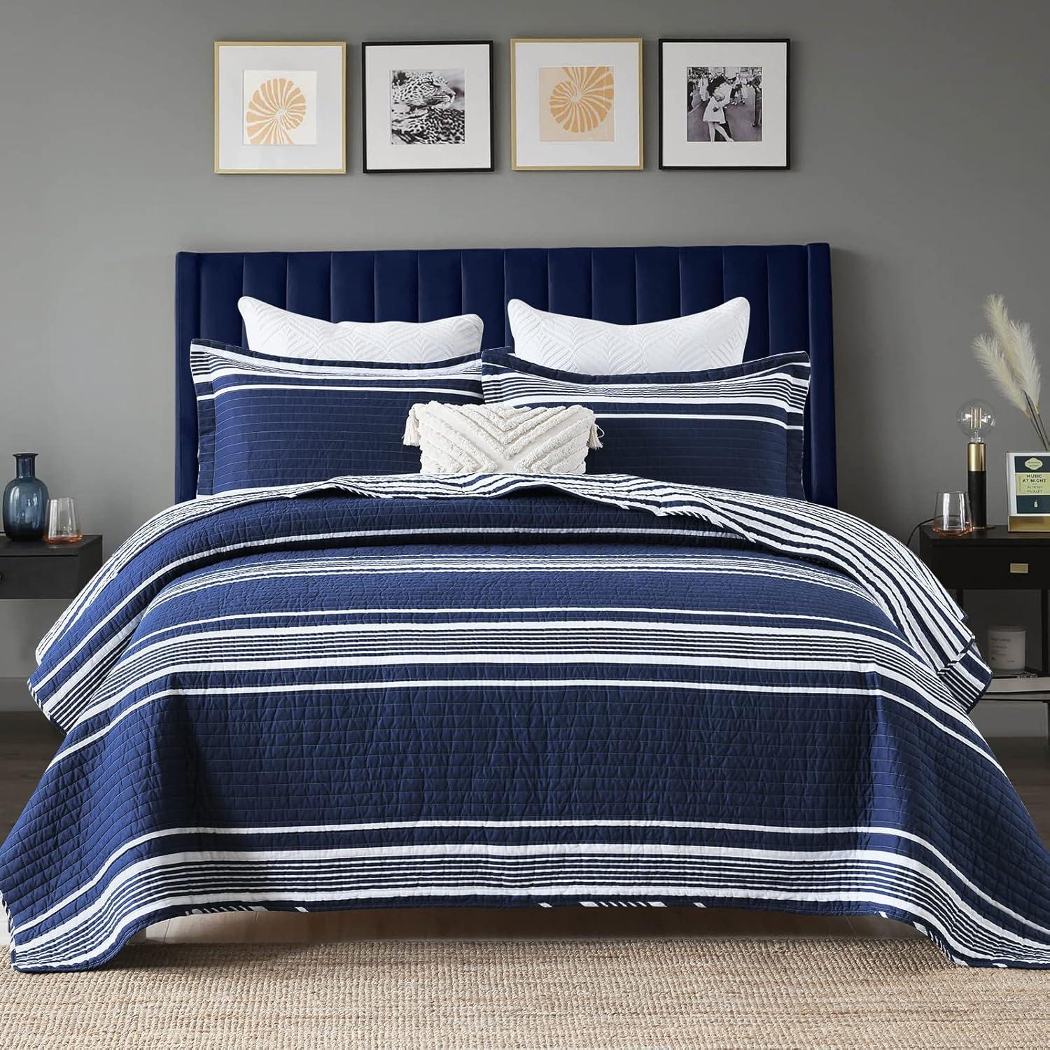 PANGUSHAN 100% Cotton Navy Blue Quilt Queen Size, Queen Quilt Bedding Set Quilted Bedspreads, Lightweight Reversible Striped Comforter for Queen Bed, All Season, Navy Blue, 3 Pieces