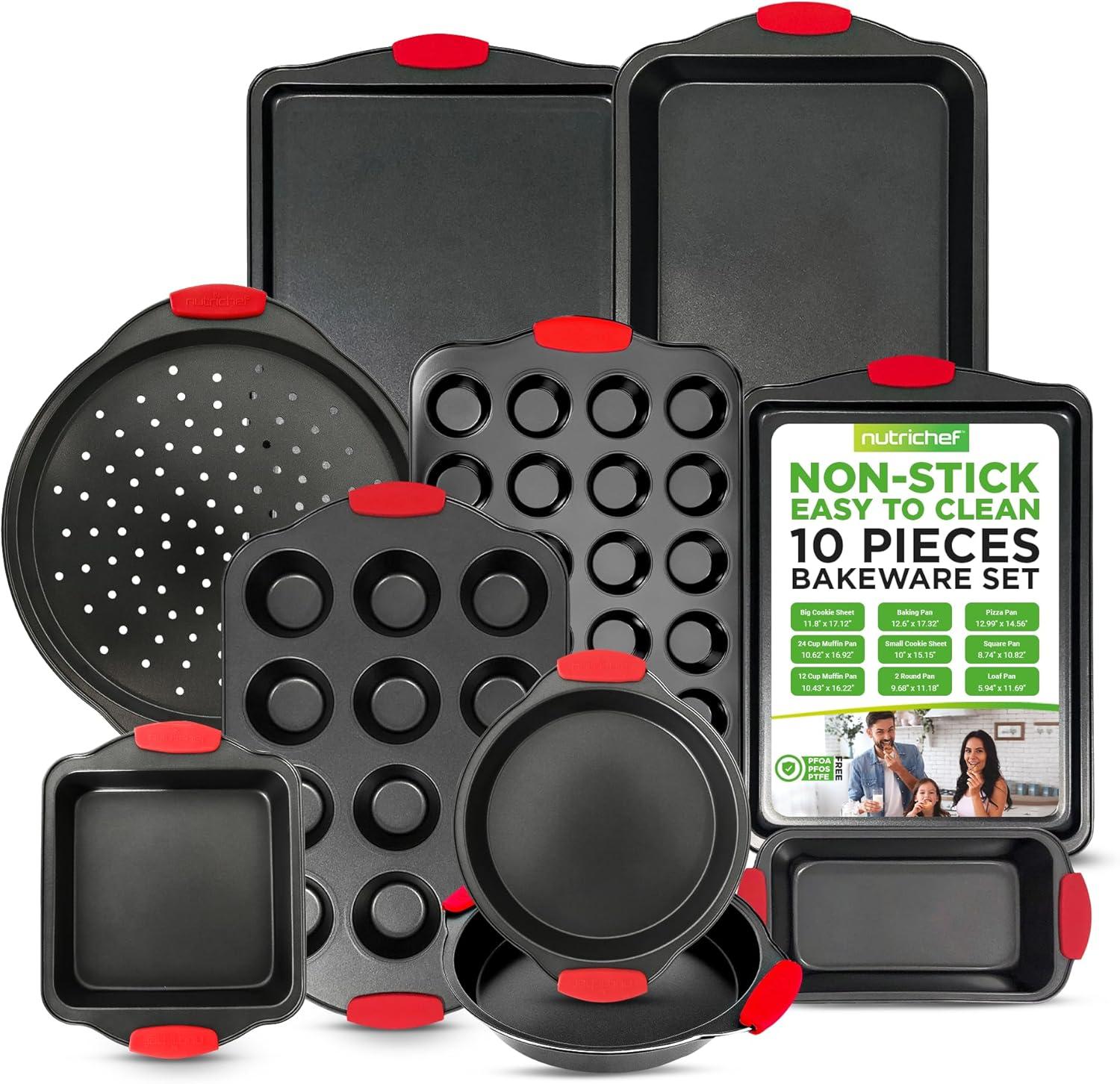 NutriChef 10-Piece Nonstick Carbon Steel Bakeware Set with Red Silicone Handles