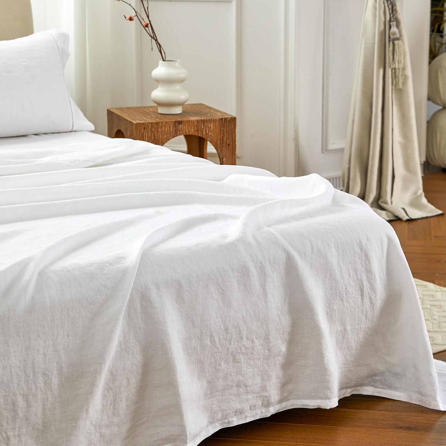 Simple&Opulence Belgian Linen Sheet Set Solid Color - 4 Pieces (1 Flat Sheet, 1 Fitted Sheet & 2 Pillowcases) Natural Flax Cotton Blend Soft Breathable Farmhouse Bedding - Full Size, White