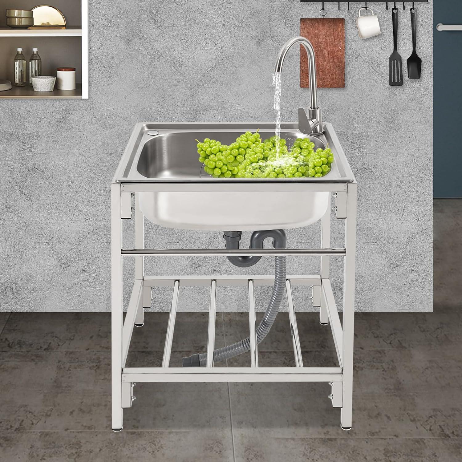 SHZICMY Kitchen Stainless Steel Utility Sink, Free Standing Single Bowl, Multifunctional Bathroom Sink Freestanding Kitchen Sink Basin Sink for Laundry Room, Bathroom