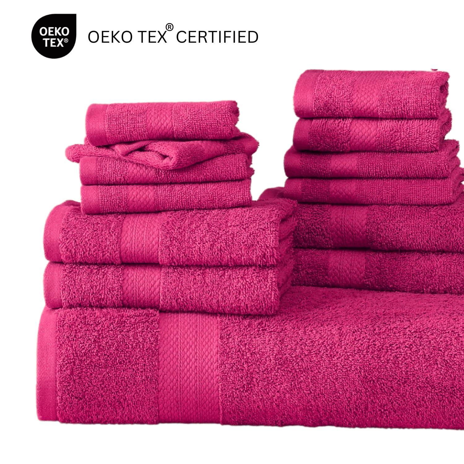 LANE LINEN 100% Cotton Bathroom Towel Set - 24 Pcs - Ring Spun, Super Soft & Highly Absorbent - 2 Bath Sheets, 4 Fingertip, 4 Bath, 6 Hand Towels, 8 Washcloths - Wide Variety of Colours - Fuchsia