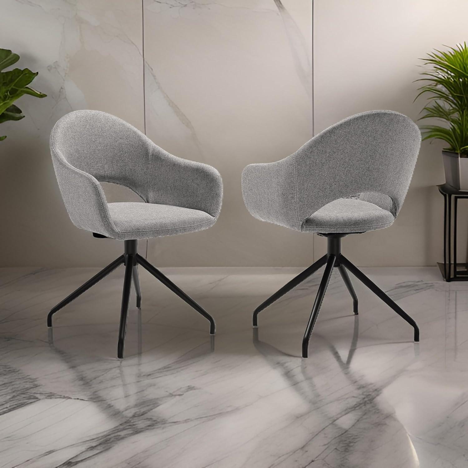 Homestock Tribal Treasures Swivel Upholstered Dining Chair in Gray Fabric with Black Metal Legs - Set of 2