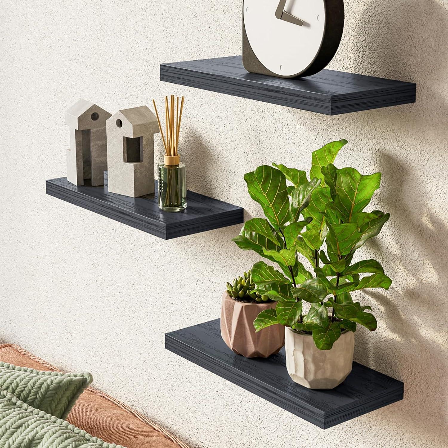 Black Engineered Wood Floating Wall Shelves Set of 3