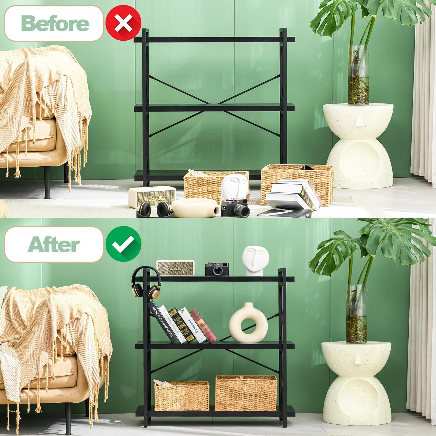 Black 3-Tier Adjustable Industrial Bookcase with Metal Frame