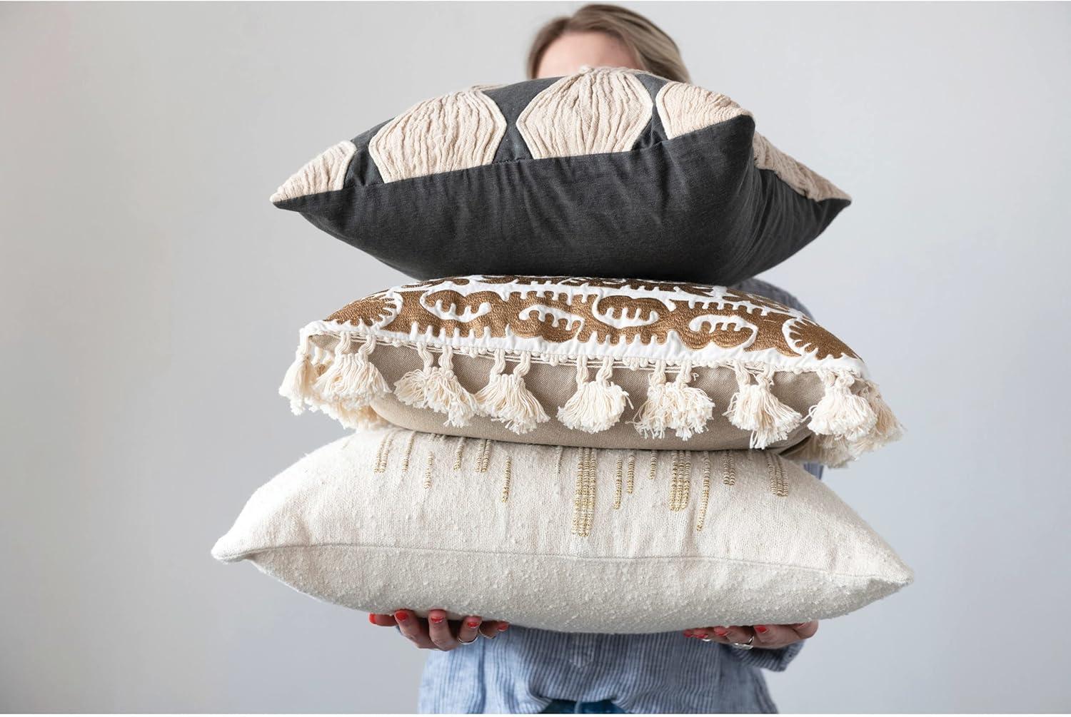 Creative Co-Op Cotton Pillow with Embroidery, Chambray Back